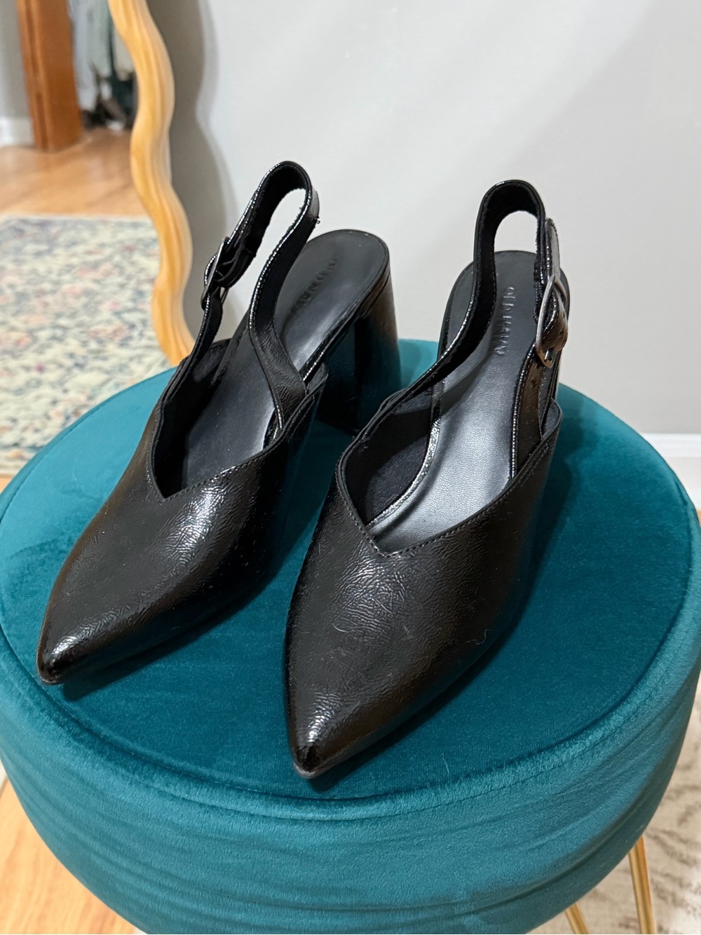 Old Navy Black Pointed Slingback Block Heels with Buckle